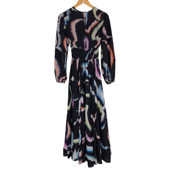 A.L.C. Leah Dress Printed Long Sleeve Smocked Waist A-Line Maxi Black Multi 0 - Picture 4 of 10